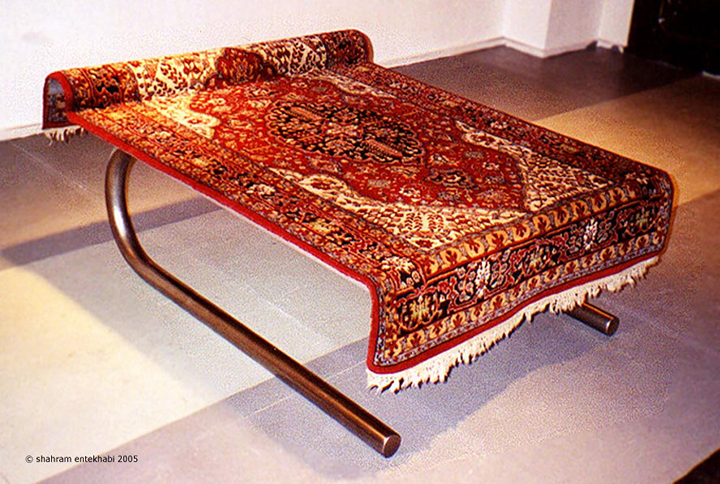 Seat, 2003, scupture, carpet, chromed steel, 230 x 145 cm.